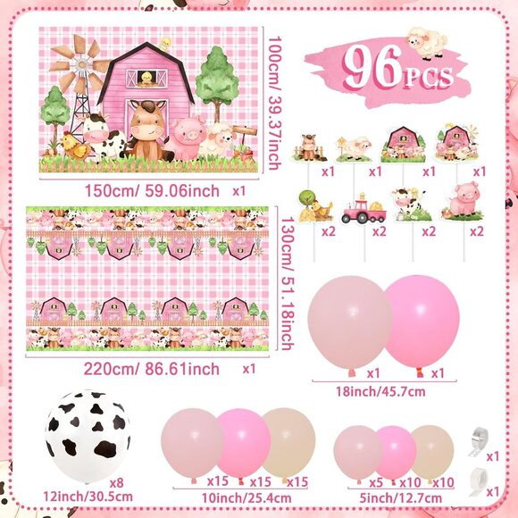 Girls Baby Shower or Girls Birthday Decoration Set - Pink Farm Animals - Picture 2 of 5